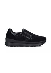 Sneakers neri slip-on con parte superiore in tessuto testurizzato, dettagli lisci, suola imbottita e un design elegante e a profilo basso.