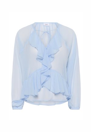 Himmelblaue, durchsichtige Bluse mit Rüschendetails vorne, langen Ärmeln und einer Bindegarnitur am Hals. Aus weichem, fließendem Stoff gefertigt.