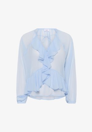 Jasnoniebieska, przezroczysta bluzka z falbaną z przodu, długimi rękawami i zapięciem na wstążkę przy szyi. Wykonana z miękkiej, zwiewnej tkaniny.