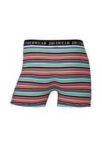 Striped boxer shorts in multiple colors including coral, teal, and black. Soft fabric with a black waistband featuring "JBS UNDERWEAR" text.
