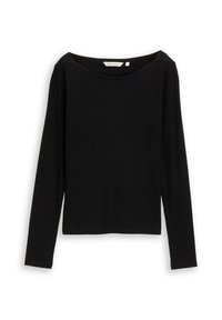 Zwarte geribbelde lange mouwtop met een brede bootnek, gemaakt van een rekbare stof. Heeft een getailleerde snit en minimale naden voor een schone afwerking.