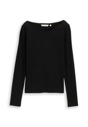 Top lungo a maniche nere a coste con scollo a barca ampio, realizzato in un tessuto elasticizzato. Caratterizzato da una vestibilità aderente e cuciture minime per un finitura pulita.