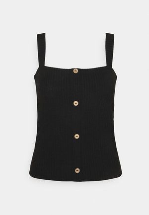 Top in cotone nero a costine con scollatura quadrata, spalline sottili e chiusura centrale con bottoni in legno.