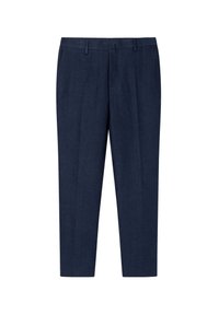 Pantaloni sartoriali blu navy con passanti per cintura, piega sul davanti e zip nascosta, progettati per abbigliamento formale o da lavoro.