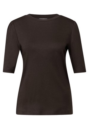 Top a maniche corte in cotone marrone scuro, con scollatura rotonda e maniche leggermente a sbuffo, caratterizzato da una texture liscia e un design pulito.
