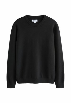Must beanie, ümarist kaelusest, pikad varrukad, pehme tekstuur, ühtlane disain, ribatud mansetid ja alumine äär, silt "NEXT," suurus M.