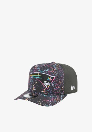 Cap in black with a splattered color pattern. Features an embroidered Patriots logo on the front and a flat brim design.