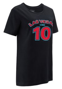 Black short-sleeve t-shirt made of cotton, featuring bold red and teal text stating "LAS VEGAS" and "10." Simple crew neck design.