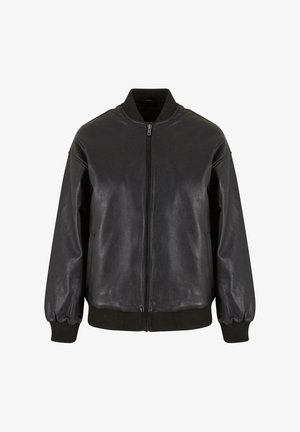 Schwarze Lederbomberjacke mit einem Frontreißverschluss, gerippten Bündchen und Kragen, einem glatten Textur und einem lässigen Schnitt.