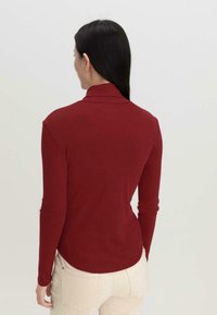 Langärmeliges, Turtleneck-Oberteil in tiefrot, aus glattem Stoff gefertigt. Verfügt über eine taillierte Silhouette und einen geschwungenen Saum, ohne sichtbare Hardware.