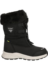 Sorte snestøvler med en polstret faux fur kant, tekstureret stofoverdel, justerbare snørebånd og en hvid gummisål med gripmønster.