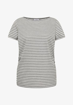 Chemise à manches courtes avec rayures horizontales grises et blanches et col rond, présentée sur un fond blanc uni.