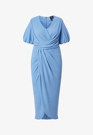 Lichtblauwe jurk tot op de knie met korte pofmouwen, V-hals, geplooide taille met wikkel detail en subtiele glansstof.