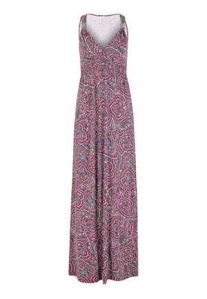 Robe maxi avec un décolleté en V profond, fabriquée en tissu léger, présente un motif paisley coloré avec des nuances de rose et des accents bleus.