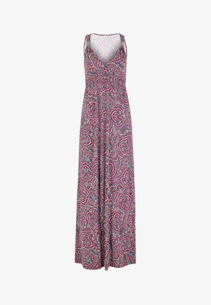 Maxi sukienka z głębokim dekoltem w kształcie V, wykonana z lekkiego materiału, z kolorowym wzorem paisley w odcieniach różu i niebieskiego.