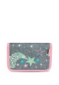 Grauer Stoff Geldbeutel mit pinkem Besatz, verziert mit einem Stern- und Kometenmotiv in verschiedenen Farben, einschließlich grüner, blauer und weißer Glitzerakzente.