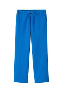 Pantalons légers, texturés et bleus avec une taille élastique à cordon de serrage et deux poches latérales, ayant des jambes droites et sans embellissements visibles.