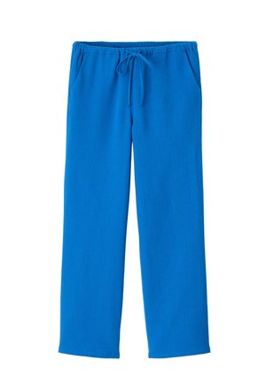 Pantalons légers, texturés et bleus avec une taille élastique à cordon de serrage et deux poches latérales, ayant des jambes droites et sans embellissements visibles.