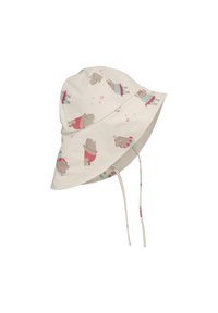 Bucket-hatt i lätt tyg, krämfärgad med ett lekfullt mönster av flodhästar i badkläder. Har bred skärm och justerbara hakband.