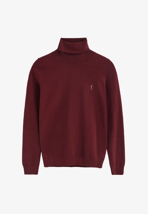 Suéter de cuello alto burdeos con mangas largas y pequeño logo bordado de un golfista en el lado izquierdo del pecho.