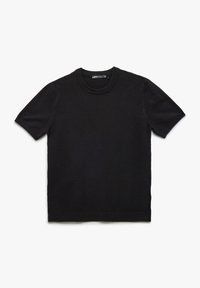 Sort kortærmet strik T-shirt, rund hals, ribstrikkede manchetter og kant, glat tekstur, letvægts stof, minimalistisk design.