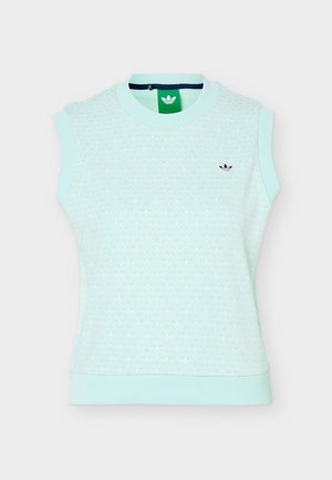 Lyseblå ermeløs strikket topp med subtilt blomstermønster og liten svart Adidas-logo på venstre bryst.