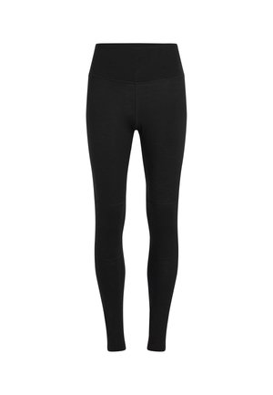 Black leggings with a sleek design, high waistband, and textured fabric. Features a fitted silhouette and seamless construction.