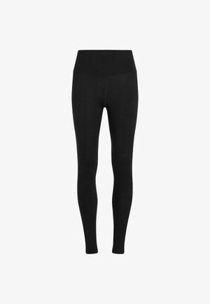 Black leggings with a sleek design, high waistband, and textured fabric. Features a fitted silhouette and seamless construction.