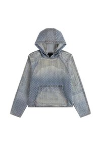 Felpa con cappuccio in denim con motivo a disegni, tasca frontale e cappuccio con coulisse. Caratterizzata da diverse tonalità di blu e dettagli testurizzati.