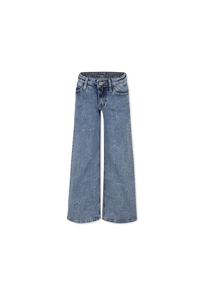 Jeans de pierna ancha en denim azul medio. Con un alto talle, cierre de botón en la parte delantera y dos bolsillos laterales. Estilo clásico de jeans con un desvanecimiento mínimo.