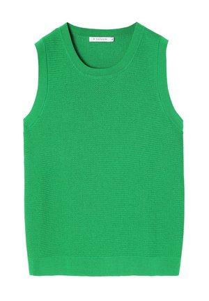 Groene gebreide tanktop met een gestructureerd patroon, ronde halslijn en brede armsgaten; gladde zoom onderaan zonder extra accenten.