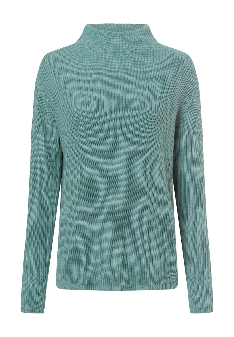Gestrickter Pullover in sanftem Türkis, mit hohen Kragen, langen Ärmeln, gerippter Textur und lockerer Passform.