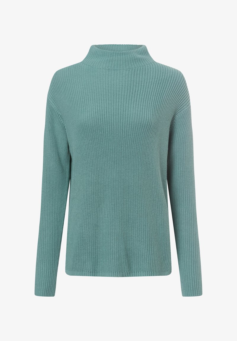 Gestrickter Pullover in sanftem Türkis, mit hohen Kragen, langen Ärmeln, gerippter Textur und lockerer Passform.