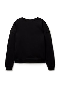 Felpa nera con maniche lunghe, collo rotondo e polsi a costine. Tessuto liscio e vestibilità comoda, priva di loghi o pattern visibili.