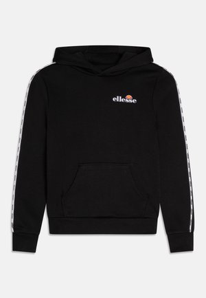 Felpa nera con cappuccio, tasca frontale, logo bianco sul petto e strisce laterali bianche con testo ripetuto. Materiale in misto cotone.