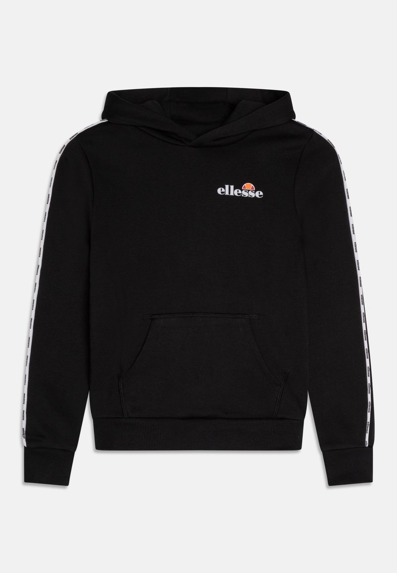 Sweat à capuche noir avec une poche avant, logo blanc sur la poitrine, et bandes latérales blanches avec texte répété. Matière en mélange de coton.