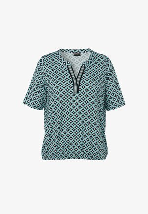 Dames top met korte mouwen met een blauw, zwart en wit geometrisch cirkelpatroon en gestreepte V-hals afwerking, elastische zoom.