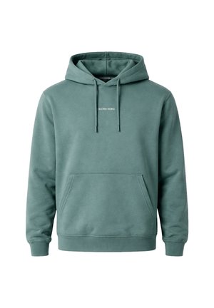 Sudadera con capucha verde, bolsillo canguro frontal, capucha ajustable con cordón, puños acanalados y logo "Björn Borg" centrado en el pecho.