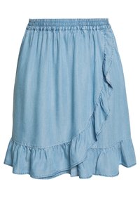 Hellblauer Jeansrock mit elastischem Bund, der Rüschendetails am Saum und an den Seiten aufweist, sowie ein Wickel-Design hat.