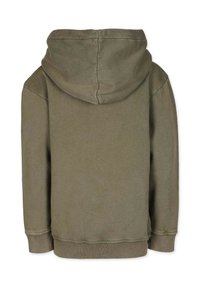 Olivgrön hoodie med dragsko, ribbade mudd och nederkant. Mjuk, strukturerad tyg; bakvy som visar sömdetaljer.