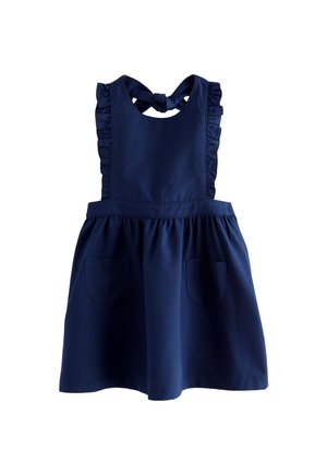 Marineblå ærmeløs kjole med flæseholdere, bundet ryg, indsamlet talje og to forlommer.