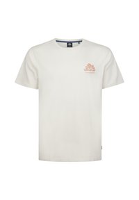 Witte katoenen T-shirt met een ronde hals en korte mouwen, met een perzikkleurige schelpenafbeelding op de linkerkant van de borst.