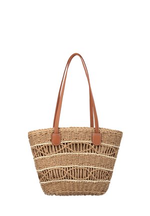 Geantă tote din paie împletite cu design cu lattă deschisă și bretele duble din piele maro, potrivită pentru utilizare casual sau la plajă.