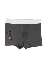 Boxer in cotone grigio con una cintura elastica bianca. Presenta una grafica nera di Topolino sul lato anteriore sinistro. Texture liscia.