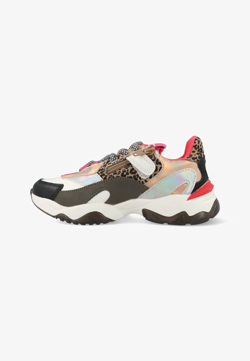 Chunky sneaker featuring a mix of materials including brown, black, and iridescent panels. Leopard print accents and patterned laces.