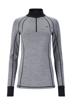 Langärmliges graues Sportoberteil mit schwarzen Nähten, Halb-Reißverschluss vorne, hohem Kragen und dunkelblauen Bündchen.