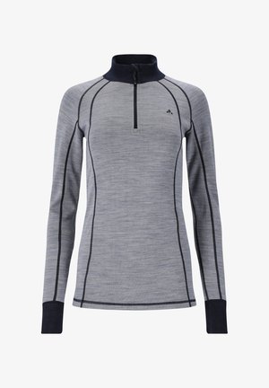 Langärmliges graues Sportoberteil mit schwarzen Nähten, Halb-Reißverschluss vorne, hohem Kragen und dunkelblauen Bündchen.
