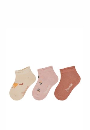 Drei Paar kurze Socken: beige mit Fuchs-Motiv, rosa mit Vogelmuster und rostfarben. Alle haben einen gerafften Rand und strukturierten Stoff.