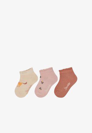 Drei Paar kurze Socken: beige mit Fuchs-Motiv, rosa mit Vogelmuster und rostfarben. Alle haben einen gerafften Rand und strukturierten Stoff.