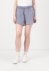 Blå och beige randiga shorts med elastisk midja, dragsko och en avslappnad passform. Tillverkade av bomull, lätta och luftiga.